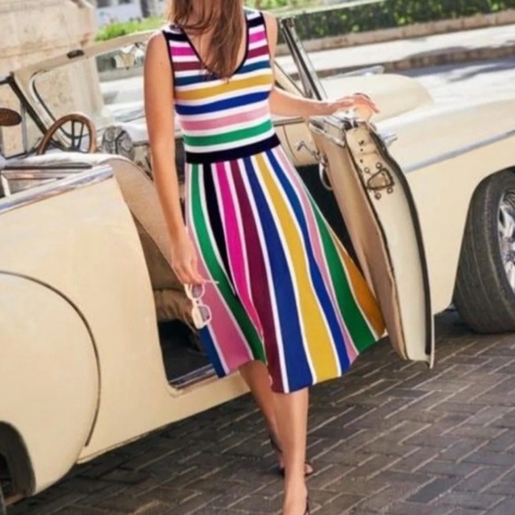 Boden Dresses & Skirts - Boden Gracie Stripped Knit Multi Color Fit and Flare V-Neck Midi Dress US 6